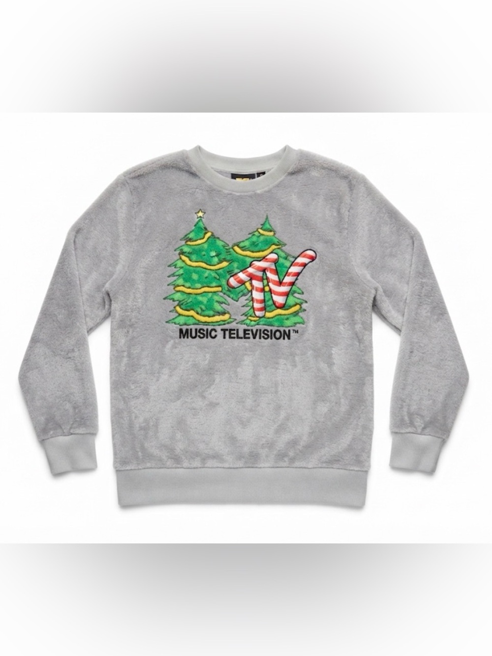 MTV Christmas Sweatshirt Men's Medium Gray Faux Fur Sherpa Fuzzy Pullover